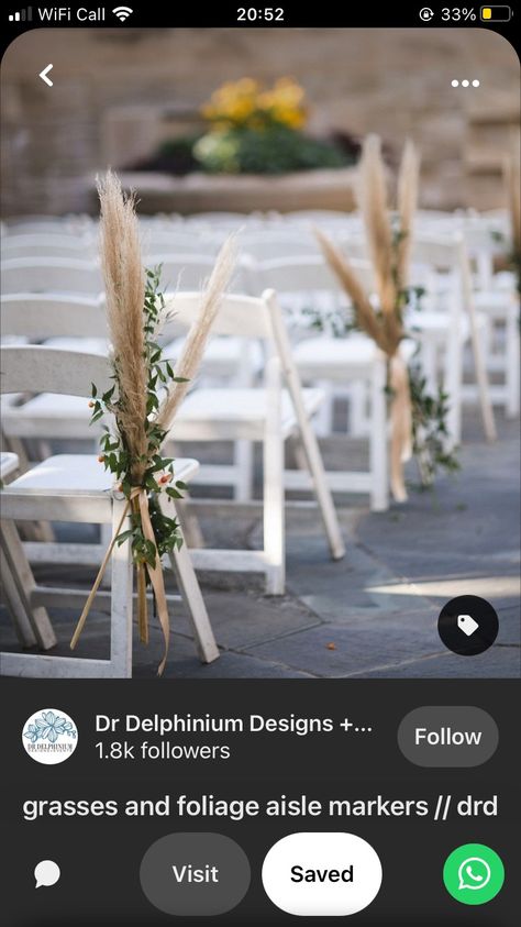 Pampas Grass Down The Aisle, Pampas Wedding Aisle Decor, Boho Aisle Markers, Boho Aisle Flowers, Boho Pew Decorations Wedding, Simple Boho Wedding Aisle Decor, Boho Ceremony Aisle, End Of Isle Decorations Wedding, Down The Isle Decorations