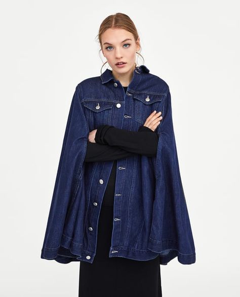 Denim Coat Women, Moda Denim, Long Sleeve Denim Jacket, Cape Jacket, Capes For Women, Denim Crafts, Jean Trends, Cape Coat, Turndown Collar