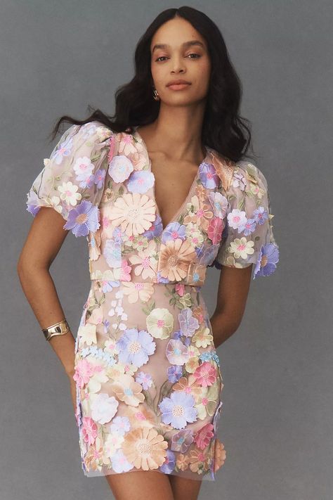 Elliatt Anthea Short-Sleeve V-Neck Floral Appliqué Mini Dress | Anthropologie Picked Flowers, Floral Applique Dress, Tea Party Dress, Summer Wedding Guests, Floral Cocktail Dress, Guest Attire, Bridal Shower Dress, Wedding Attire Guest, Cocktail Attire