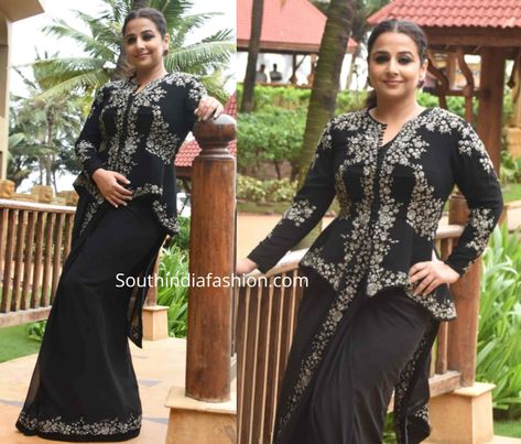 vidya balan black saree with jacket mission mangal promotions 2 Saree With Jacket, Sawan Gandhi, Saree Jackets, Her Movie, Vidya Balan, Latest Designer Sarees, Embroidered Saree, Peplum Jacket, Black Saree