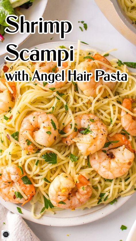 Lemon Butter Garlic Shrimp With Angel Hair Pasta, Shrimp Angel Hair Pasta Recipes, Shrimp Angel Hair Pasta, Pasta And Shrimp, Shrimp Scampi Pasta Recipes, Shrimp Dinners, Angel Hair Pasta Recipes, Garlic Shrimp Scampi, Shrimp Pasta Recipes Easy