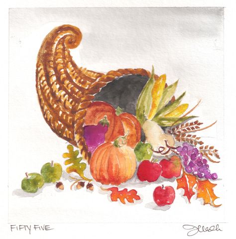 cornucopia Horn Of Plenty, Thanksgiving Art, Original Watercolor Art, Fall Watercolor, Fruit Vegetables, Paint Cards, Harvest Decorations, Autumn Painting, Fruit Art