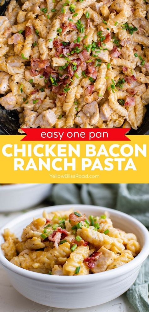 One Pot Bacon Ranch Chicken Pasta has noodles, bacon and chicken in a cheesy Ranch sauce. Crack Chicken Pasta in one pan for easy clean up! Bacon Chicken Ranch Pasta, Pasta With Diced Tomatoes, Ranch Chicken Pasta, Bacon Ranch Chicken, Smoked Sausage Pasta, Broccoli Pasta Recipe, Chicken Bacon Pasta, Chicken Ranch Pasta, Ranch Sauce