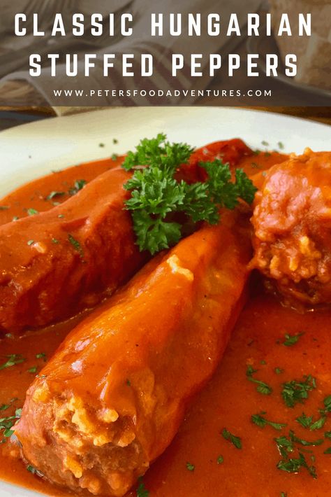 Hungarian Stuffed Peppers, Hungarian Peppers, Passata Sauce, Paprika Peppers, Tomato Passata, Paprika Spice, German Food Authentic, Ground Beef Rice, European Dishes