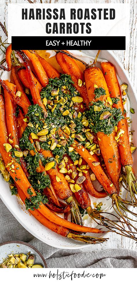 Looking for a veggie side that's anything but boring? These roasted harissa carrots will definitely do the trick. Don't forget the chimichurri made with carrot tops! Carrot Top Chimichurri, Harissa Carrots, Carrot Tops, Spring Veggies, Full Fat Yogurt, Carrot Top, Roasted Chicken Breast, Chimichurri Sauce, Eastern Cuisine