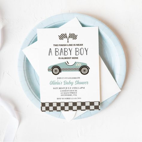 blue Race Car Baby Shower Invitation - Baby Shower Invitations Vintage Race Car Birthday, Blue Race Car, Racing Baby, Baby Shower Party Invitations, Cars Birthday Invitations, Blue Baby Shower Invitations, Vintage Birthday Cards, Car Birthday, Race Car Birthday