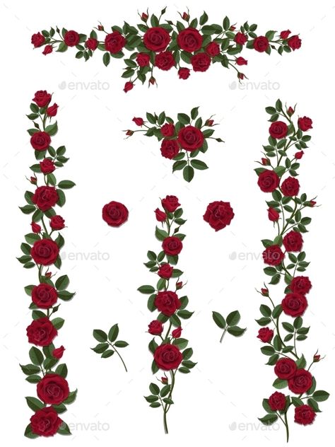 Set Brushes Flowers Climbing Red Roses Bush Drawing, Red Rose Png, Red Roses Background, Climbing Art, Flower With Leaves, Fence Wall, Flower Braids, Rosé Png, Red Vines