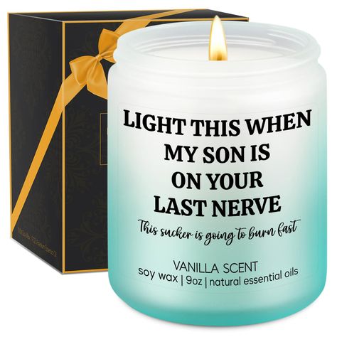 PRICES MAY VARY. Gifts for daughter in law: With its humorous message “Light this when my son is on your last nerve; This sucker is going to burn fast,” this candle makes a good present for your beloved daughter in law or anyone courageous enough to become your son's spouse; If your son tends to be a bit annoying, this funny and cute scented candle is an ideal present for your daughter in law, future daughter in law, new daughter in law, or your son’s girlfriend Good gifts for various occasions: Birthday Gifts For Daughter In Law, In Law Gifts Christmas, Gifts For Daughter In Law, Christmas Gifts For Daughter, Birthday Gifts For Daughter, Funny Anniversary Gifts, Mother In Law Birthday, Sons Girlfriend, Gifts For Daughter