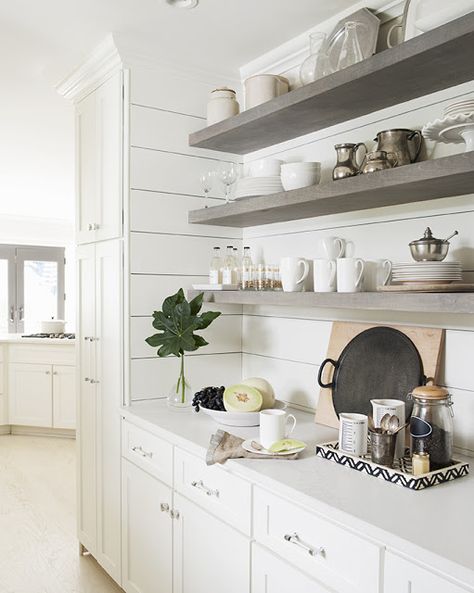 Shelves stained Classic Gray by Minwax. Round metal tray with handles is from Crate and Barrel. Knobs and acrylic pulls from Restoration Hardware. Kitchen Open Shelves, Shelving Storage, Kitchen Glass, Open Kitchen Shelves, Classic Kitchen, Open Kitchen, Kitchen Shelves, Restoration Hardware, Home Decor Tips