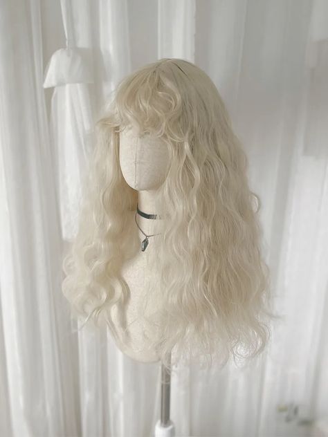 White Wavy Synthetic Wig with Curly Bangs White Hair Styling, White Hair Bangs, White Hair With Bangs, Light Blonde Curly Hair, White Hair Wigs, Wavy White Hair, C4 Hair, White Wavy Hair, Curly White Hair