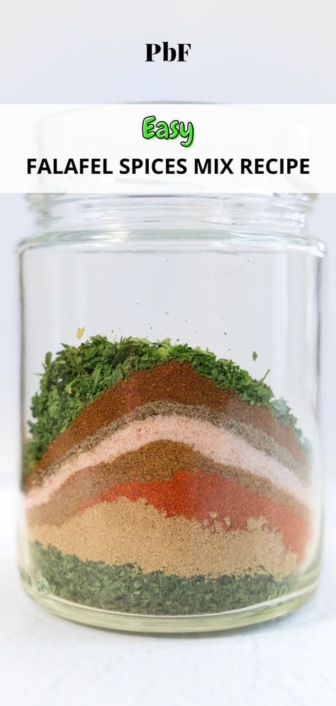 a glass jar with layers of different colored spices and dried herbs with text "easy falafel spices mix" Dry Falafel Mix Recipe, Easy Falafel, Falafel Mix, Salad Cake, Family Recipe Book, Falafel Recipe, Spice Mix Recipes, Wfpb Recipes, Falafels