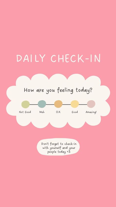 Daily mental health check in graphic asking how you are feeling today. Tracking Aesthetic, Check In On Your Friends, Self Check In, Mood Tracking, Planner Setup, Health And Wellness Quotes, Writing Therapy, Mental Health Day, Personal Improvement