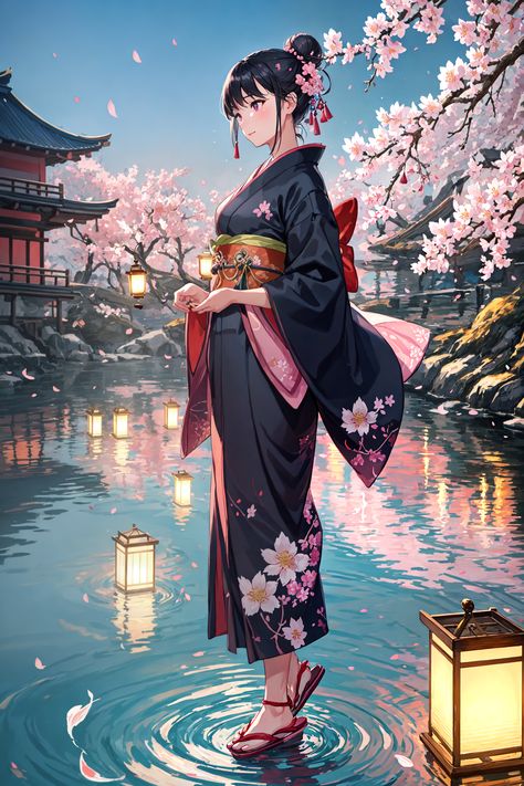 "Step into serenity with this stunning digital art of a graceful lady in a pink kimono, amidst a cherry blossom garden at sunset. Perfect for lovers of traditional elegance and peaceful moments. Captivate your home with this enchanting scene." Cherry Blossom Garden, Graceful Lady, Enchanted Characters, Peaceful Moments, Anime Kimono, Pink Kimono, Ninja Girl, Blossom Garden, Traditional Kimono