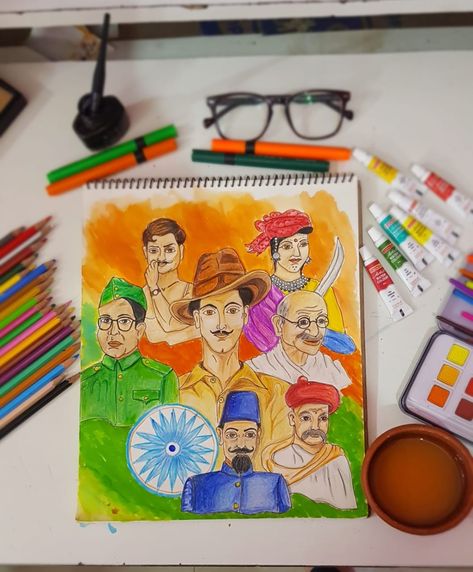 Fun At School Drawing Competition, Patriotism Drawing, Independence Day Drawing Competition, Independent Day Drawing, Republic Day Drawing Ideas, Independence Day Poster Drawing, Independent Drawing, Republic Day Drawing, Kakashi Face