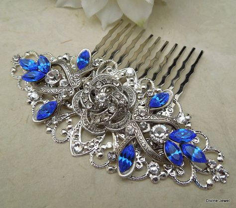 Bridal Rhinestone Hair Comb, Wedding Rhinestone Hair Comb, Rose Rhinestone Hair Comb, Swarovski Crystals,Something Blue Hair Comb- How pretty would this be as the "something blue"? Blue Wedding Hair Accessories, Pearl Bridal Comb, Blue Wedding Hair, Boho Bridal Hair, Hair Accessories Vintage, Rhinestone Hair Comb, Snk Cosplay, Something Blue Wedding, Crystal Hair Comb