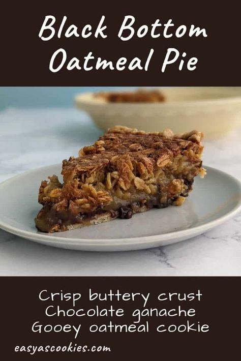 A delicious black bottom oatmeal pie recipe. Crisp, buttery pie crust. Chocolate ganache. And instead of a pecan pie layer, a chewy oatmeal cookie-like layer with a hint of spiciness from nutmeg, with less goo than a traditional pecan pie. A great nut-free alternative to pecan pie! Chocolate Nut Pie, Stuffing Apple, Nut Pie Crust, Giant Oreo Cake, Oatmeal Pie Recipe, Nut Pie, Recipes For Turkey, Oatmeal Pie, Chocolate Apple