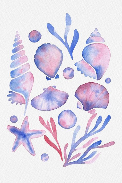 Blue And Pink Posters Aesthetic, Blue Watercolor Aesthetic, Purple Beach Aesthetic, Watercolour Seashells, Watercolour Seashell, Watercolor Paintings Aesthetic, Watercolour Starfish, Pink And Blue Poster, Blue Pink Aesthetic