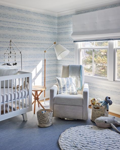 A sea of blues in this nursery by @deborahpianininteriors. Thank you for making our Dashes wallpaper in Ocean Blues look so good with a pillow using our Hills fabric in Blue-Slate. 🌊 📸 Photo by @kirstenrfrancis Styling by @lucybamman #RApillows #RAwallpaper #RAfabricbytheyard #rebecca_atwood #RAatHome #RAdesignerstories #inspiresRA Rebecca Atwood, Blue Nursery, Big Girl Rooms, Baby Boy Nurseries, A Sea, Boy Nursery, A Pillow, Girl Room, Blue Ocean