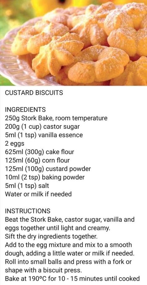 South African Biscuits Recipes, Vla Koekies Resep, South African Cookies, Soetkoekies Resep, Custard Biscuits, 100 Cookies Recipe, South African Desserts, Butter Cookie Recipe Easy, Custard Cookies