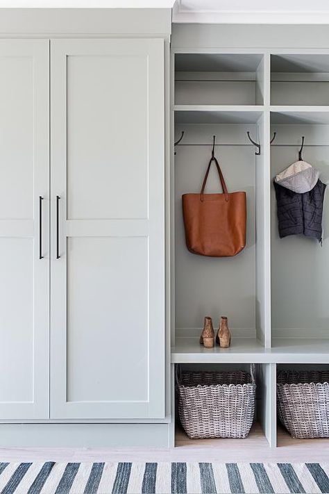 Green Mudroom, Coat Closet Storage, Hallway Storage Cabinet, Closet Small Bedroom, Hallway Closet, Closet Built Ins, Mudroom Organization, Mudroom Entryway, Laundry Room Doors