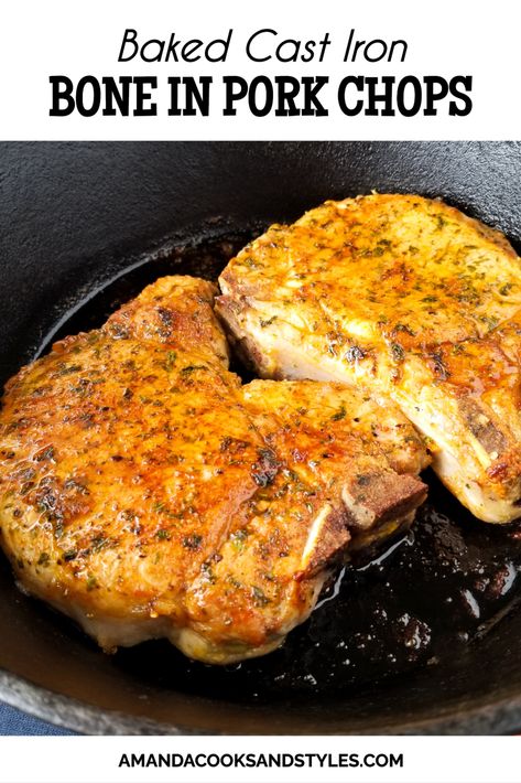 BAKED CAST IRON BONE IN PORK CHOPS Pork Chops Mustard, Cast Iron Pork Chops, Oven Roasted Pork Chops, Skillet Pork Chop Recipes, Cast Iron Skillet Recipes Dinner, Oven Pork Chops, Brown Sugar Pork Chops, Bone In Pork Chops, Pork Crockpot Recipes