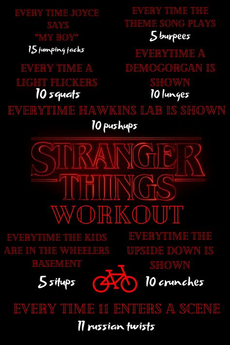 Stranger Things Workout, Tv Workout Challenge, Netflix Workout, Tv Show Workouts, Movie Workouts, Tv Workouts, Summer Body Workout Plan, Stranger Things Quote, Summer Body Workouts