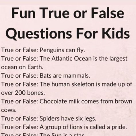 Stephanie Cavin | Homeschooler on Instagram: "Not only do true or false questions spark curiosity and learning, but they also build strong connections with your kids. Whether you’re tossing in silly facts about animals or throwing in some fun family trivia, it’s more than just a game—it’s a chance to:

🔸 Fuel their minds – They’re learning without even realizing it! These quick questions help with critical thinking, memory, and even discovering new interests.
🔸 Create conversation – Watch as one fun fact turns into a story, a laugh, and deeper conversations. You’ll learn more about your child’s thoughts and personality!
🔸 Build confidence – Getting the right answer (or a thoughtful guess) boosts their confidence and makes them feel proud to share their knowledge.
🔸 Make memories – Thes Group Of Lions, Silly Facts, True Or False Questions, Facts About Animals, Kids Questions, True Or False, Deeper Conversation, Build Confidence, About Animals