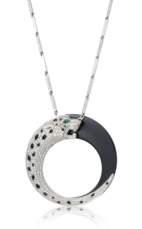 A BLACK CERAMIC, ONYX AND DIAMOND 'PANTHERE ECLIPSE' NECKLACE, BY CARTIER | Jewelry | Christie's Eclipse Necklace, Heart Shaped Diamond Necklace, Cartier Panther, Panther Jewelry, Beautiful Diamond Necklace, Eye Detail, Large Stone Rings, Black Onyx Jewelry, Cartier Panthere