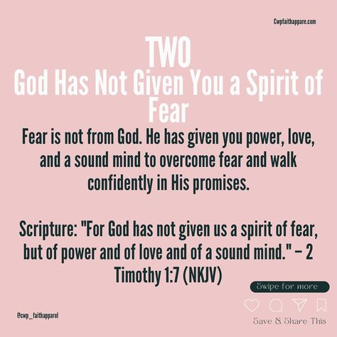 ✨ Fear No Longer Has Power Over You! ✨ As Christian women, fear can often sneak in and keep us from stepping into the fullness of God’s plan for our lives. But here’s the truth: God didn’t give us a spirit of fear! 🙅🏾‍♀️ Through His love and strength, we have the power to overcome it. 💪🏽 In today’s carousel, we’re breaking down 5 powerful ways to break free from fear using God’s Word. Whether it’s fear of the future, fear of failure, or fear of the unknown—His promises offer us freedom, cou... Fear Of Future, Fear Of The Future, 2 Timothy 1 7, Spirit Of Fear, Fear Of Failure, Fear Of The Unknown, Sound Mind, Overcoming Fear, The Unknown