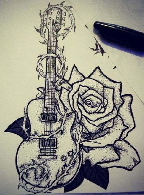 Sparrow Tattoo Design, Guitar Sketch, Colorful Art Projects, Guitar Tattoo Design, Sparrow Tattoo, Sharpie Tattoos, Guitar Tattoo, Music Tattoo Designs, Rose Tattoo Design