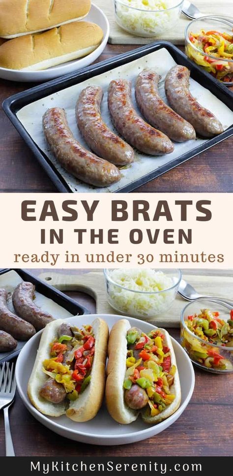 For a quick and easy dinner, cooking bratwurst in the oven requires only a few easy steps.  Serve this famous German sausage with sauerkraut or pepper and onions.  It doesn't get any easier than placing brats on a baking sheet in the oven! Oven-baked bratwurst is an easy family dinner recipe. Bratwurst In The Oven, Brats In The Oven, Sausage With Sauerkraut, Bratwurst Oven, Baked Bratwurst, How To Cook Bratwurst, Pepper And Onions, How To Cook Brats, Brats Recipes