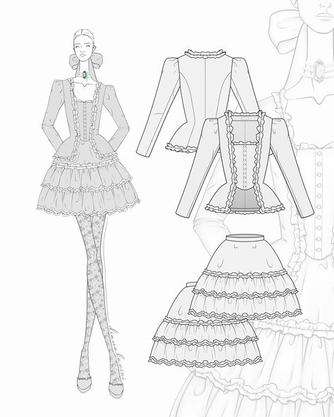 Fashion illustration and design by Diana Bacioi.
Sketch figure wearing a rococo inspired look consisting of a blazer with ruffles and “stays”, an above the knee full skirt in two tiers with ruffles, lace tights, platform shoes and a big bow tying the hair back. 
Technical flats on the right side all on white background. Rococo Fashion Illustration, Sketch Dress, Technical Flats, Baroque Dress, Rococo Dress, Rococo Art, Flat Drawings, Rococo Fashion, Sketchbook Inspo