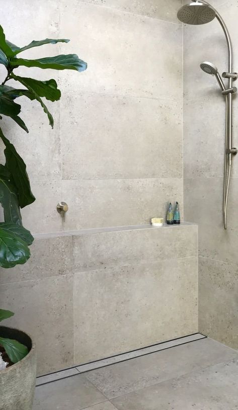 Concrete Look Tile Bathroom, Concrete Tiles Bathroom, Concrete Tile Bathroom, Large Tile Bathroom, تصميم دورة مياه, Large Shower Tile, Bathroom Colours, Fiddle Leaf Fig Plant, Concrete Shower