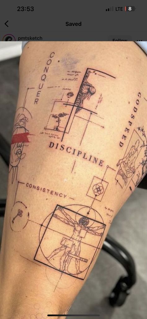 Concept Tattoo Leg Sleeve, Stoicism Tattoo Sleeve, Concept Tattoo Sleeve, Concept Tattoos Men, Big Back Tattoo For Men, Stoicism Tattoo Ideas, Fineline Tattoo Sleeve, Fine Line Tattoo Men, Geometric Tattoo Ideas For Men