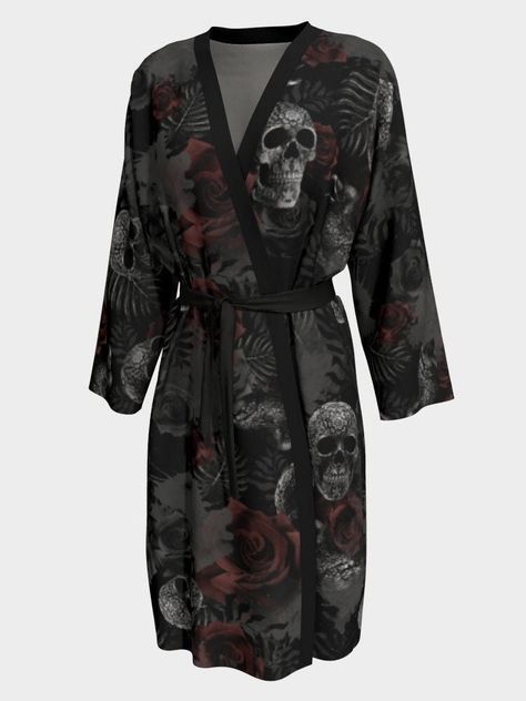 Skull and roses robe, goth kimono, gothic robe, witchy robe, goth clothes, witchy clothes, skull robe, kimono robe women, made in Canada Gothic Pjs, Gothic Pajamas, Kimono Design, Elegant Drapes, Skulls And Roses, Pajama Robe, Bridal Robes, Womens Robes, Silk Twill