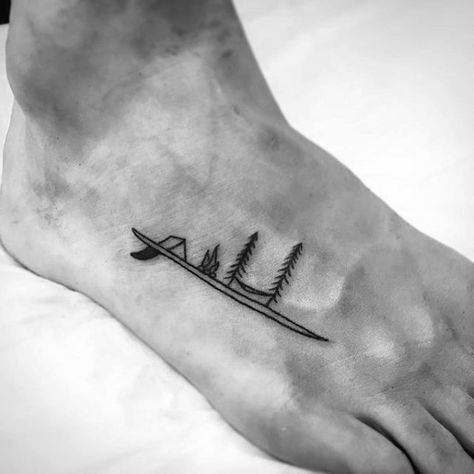 Guys Camping Small Nature Foot Tattoo Small Nature Tattoo, Outdoor Tattoo, A Small Tattoo, Camping Tattoo, Small Foot Tattoos, Surf Tattoo, Tatuagem Masculina Pequena, Retro Tattoos, Foot Tattoos For Women