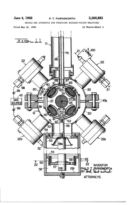 Method and apparatus for producing nuclear-fusion reactions - Philo T. Farnsworth, 1966 Nuclear Fusion Art, Nuclear Reactor Art, Nuclear Fusion, Nuclear Engineering, Ipad Image, Mechanic Engineering, Nuclear Reactor, Fusion Ink, Free Energy Projects