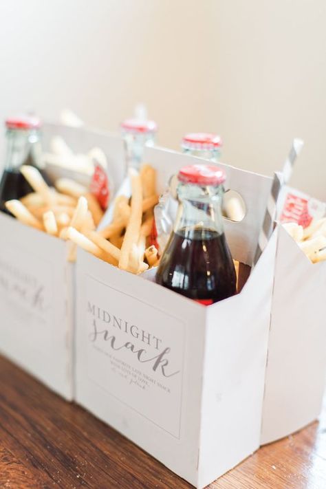 a midnight snack box French fries and Coke bottles are a great option Personalized Matchbooks, Honey Wedding Favors, Creative Wedding Favors, Inexpensive Wedding Favors, Wedding Favors And Gifts, Cheap Favors, Edible Wedding Favors, Unusual Weddings, Quirky Wedding