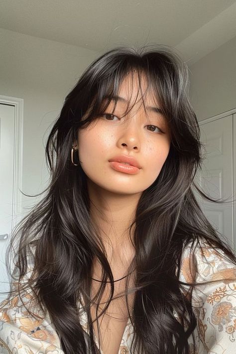 Less Bangs Haircut, Large Curtain Bangs, Long Haired Haircuts, Style Your Hair, Haircut Bangs Long Hair, Long Wolf Cut With Wispy Bangs, Hair Cuts Bang, Haircut Inspo Curtain Bangs, Haircut For Long Hair With Bangs