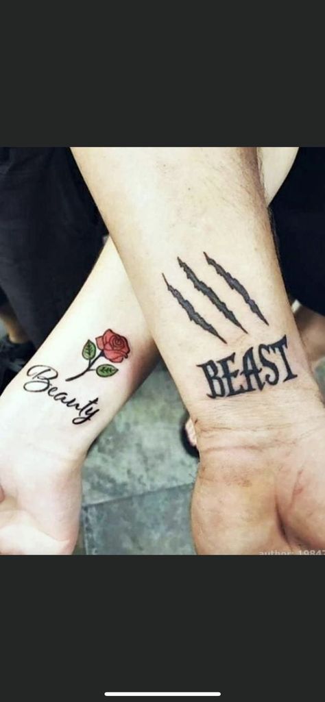 Couples Outline, Back Tattoo Men, Matching Disney Tattoos, Disney Couple Tattoos, The Beast Tattoo, Tattoo Couples, Beast Tattoo, Beauty And The Beast Tattoo, Tattoo Quotes For Men