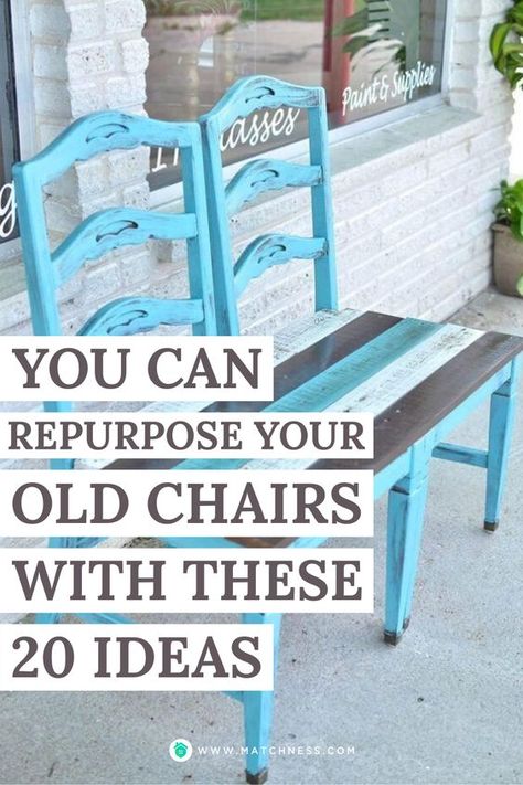 Try to reuse old chairs that are not used to complete your home decor. Use two old chairs that are no longer used to make a bench. Then you can paint it and place it on the porch so that it will become a simple and attractive piece of furniture. #chairrepurpose #DIYchair #repurposefurniture Painting Old Chairs, Wooden Chair Makeover, Painted Chairs Diy, Upcycled Dining Chairs, Make A Bench, Painted Wooden Chairs, Painted Wood Chairs, Dining Chair Makeover, Old Wooden Chairs