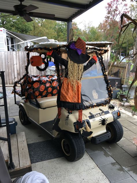 Decorated Golf Cart Ideas Halloween, Decorate Golf Cart For Halloween, Golf Cart Trunk Or Treat Ideas, Halloween Decorated Golf Carts, Halloween Golf Cart Decorations, Halloween Golf Cart Ideas, Fall Sleepover, Golf Cart Decorations, Gold Cart