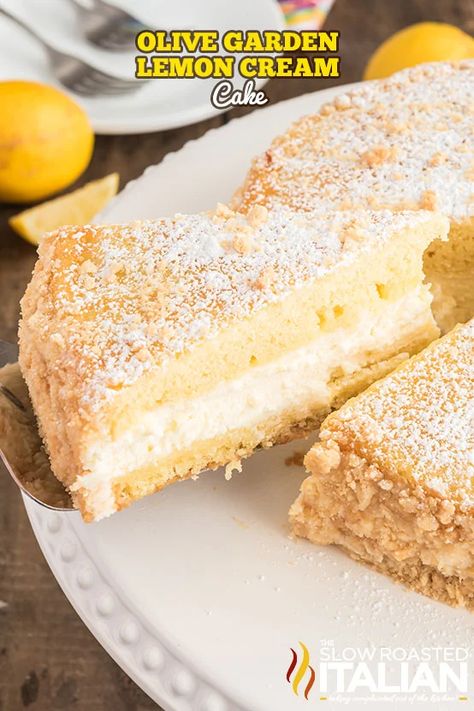 Olive Garden Italian Lemon Cream Cake Copycat Recipe - The Slow Roasted Italian Lemon Cream Cheese Recipes, Lemon Mascarpone Cake, Cheese Deserts, Italian Lemon Cream Cake, Brownie Lasagna, Garden Lasagna, Meatballs Parmesan, Lemon Creme Cake, Italian Lemon Cake