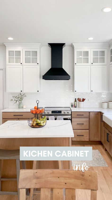 Liz Pacini | DIY Tutorials + Home Design | Kitchen cabinet details ✨ • lowers are Husk stain on Maple wood • uppers are Dove White These are by @kraftmaid!! What other kitchen… | Instagram Kraft Made Kitchen Cabinets, White And Brown Cabinets Kitchen, Wood Lower Cabinets White Upper, Two Tone Kitchen Cabinets Wood, White Upper Cabinets Wood Lower, Stain On Maple Wood, Small L Shaped Kitchens, Natural Wood Kitchen Cabinets, Kraftmaid Kitchen Cabinets