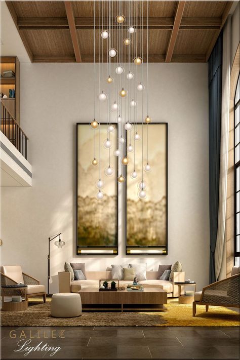 Living Room Chandelier High Ceiling, Modern Chandelier High Ceiling, High Ceiling Living Room Modern, Long Pendant Lights, Double Height Living Room, High Ceiling Lighting, Glass Globe Chandelier, High Ceiling Living Room, Chandelier Led