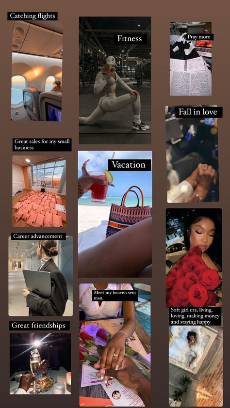 A vision board; includes various  photos of visions a lady would want to manifest in 2023 Soft Girl Era Vision Board, Manifesting Soft Life, Soft Girl Era Tips, Romancing My Life, Soft Girl Vision Board, Things To Manifest Ideas, Luxury Black Women Lifestyle, Soft Life Quotes, Rich Off Content