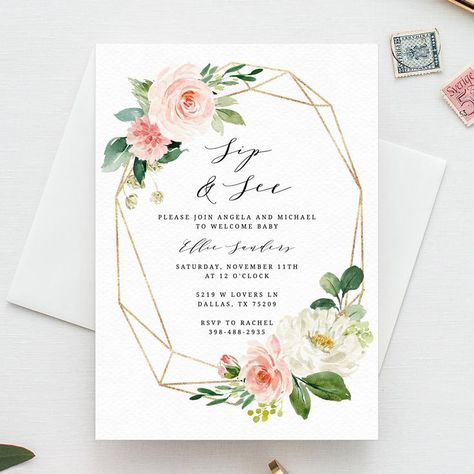 Editable Sip & See Invitation Template, Printable Floral Sip and See Invitation, Welcome Baby Invitation, Blush Flowers, Templett Celebration Astethic, Celebration Aesthetic, Life Template, Floral Graduation Party, Bridal Luncheon Invitations, Sweet 16 Party Invitations, Blush Invitations, Garden Bridal Showers, Bridal Brunch Invitations