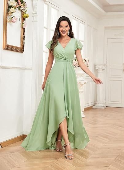 Amazon.com: GOEBAODEEN Chiffon Short Sleeve Bridesmaid Dress for Wedding V Neck High Low Mother of The Bride Dresses : Clothing, Shoes & Jewelry Sleeve Bridesmaid Dress, Looks For Summer, Short Sleeve Bridesmaid Dress, Dress For Wedding, Chiffon Shorts, Bride Dresses, Bra Styles, Mother Of The Bride Dresses, House Party