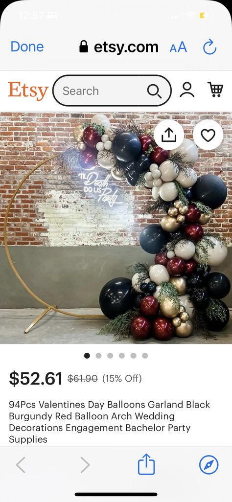 Burgundy And Black Bridal Shower Ideas, Burgundy Black And Silver Party Decorations, Red Black And Gold Bridal Shower Ideas, Prom Colours, Prom Party Ideas, Hens Ideas, Halloween Engagement, Balloon Arch Wedding, Pearl Baby Shower