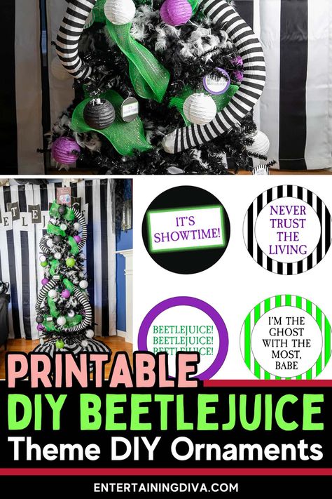 DIY Beetlejuice Tree Ornaments | Halloween Beetlejuice Decorations Diy, Inexpensive Halloween Decorations, Diy Halloween Tree, Halloween Tree Decorations, Fun Diy Halloween Decorations, Halloween Web, Halloween Lawn, Easy Ornaments, Beetlejuice Halloween